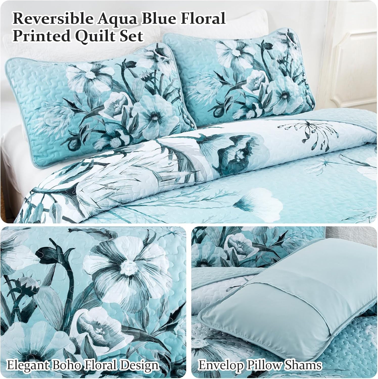 Drucon Blue Floral Quilt Set Queen 3 Pieces
