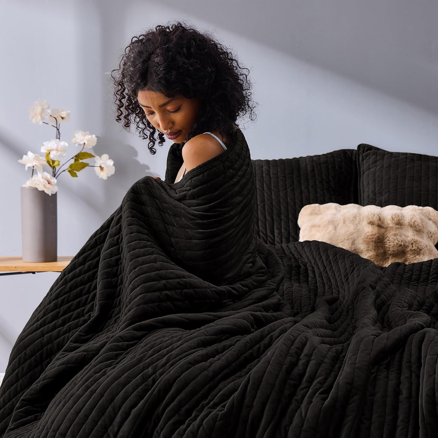 SHALALA Velvet Quilt Set Queen Size Dark Brown