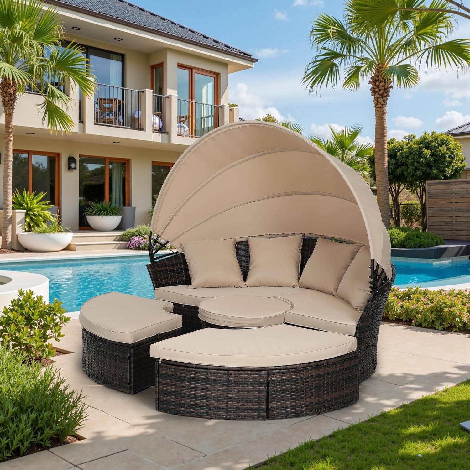 Incbruce Round Daybed with Retractable Canopy Black Wicker