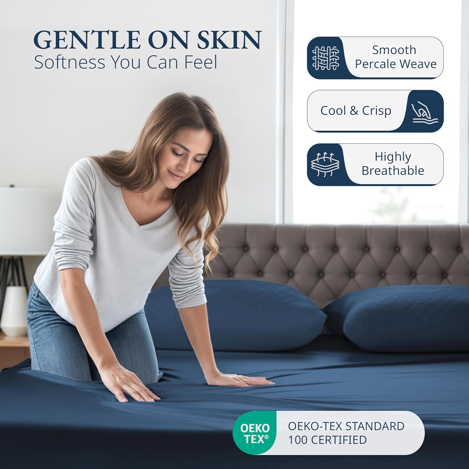Lane Linen 100 Organic Cotton Twin Fitted Sheet Set - Estate Blue