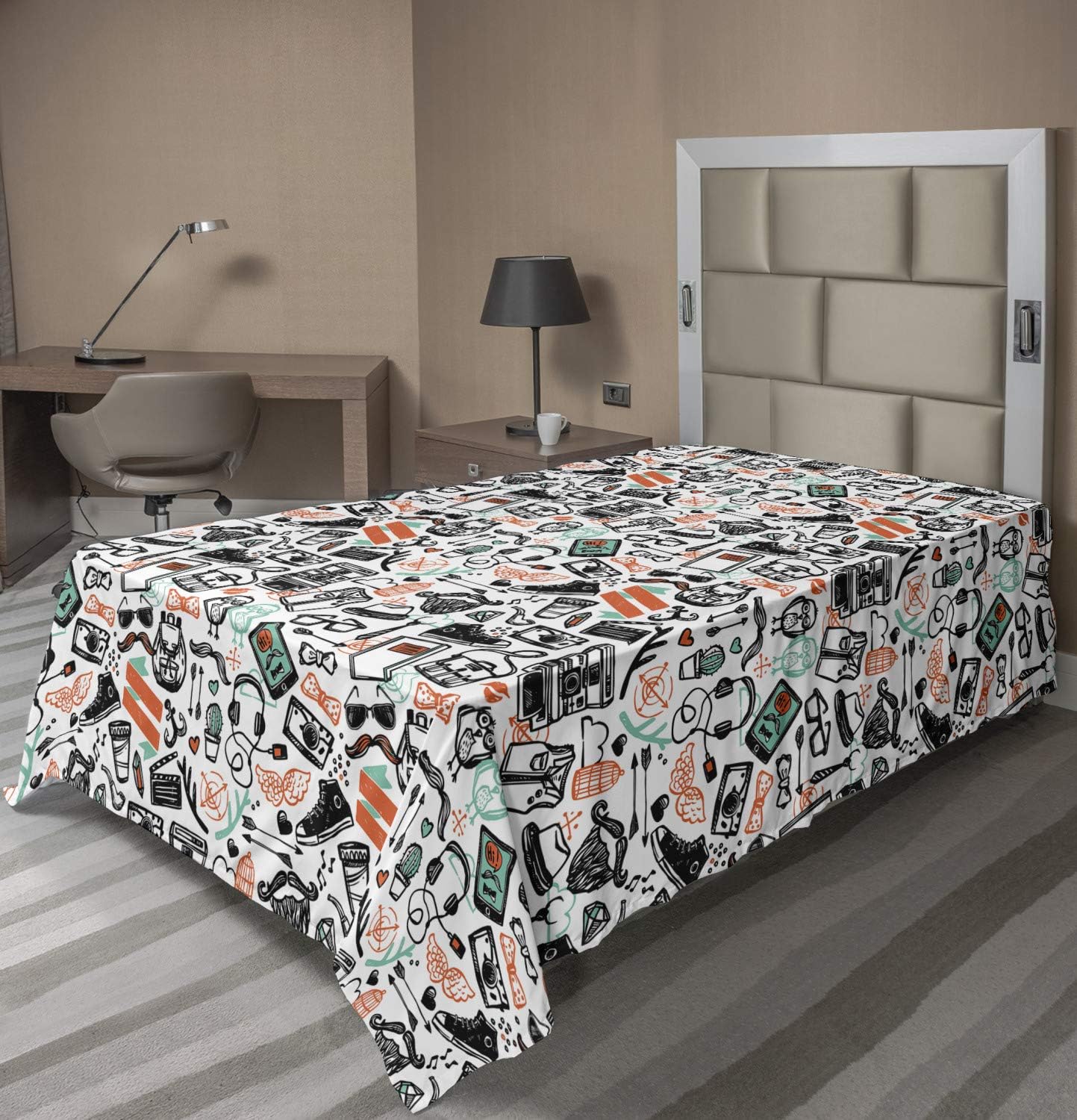 Ambesonne Indie Flat Sheet Seafoam Orange Black 102x66 Inches TwinXL
