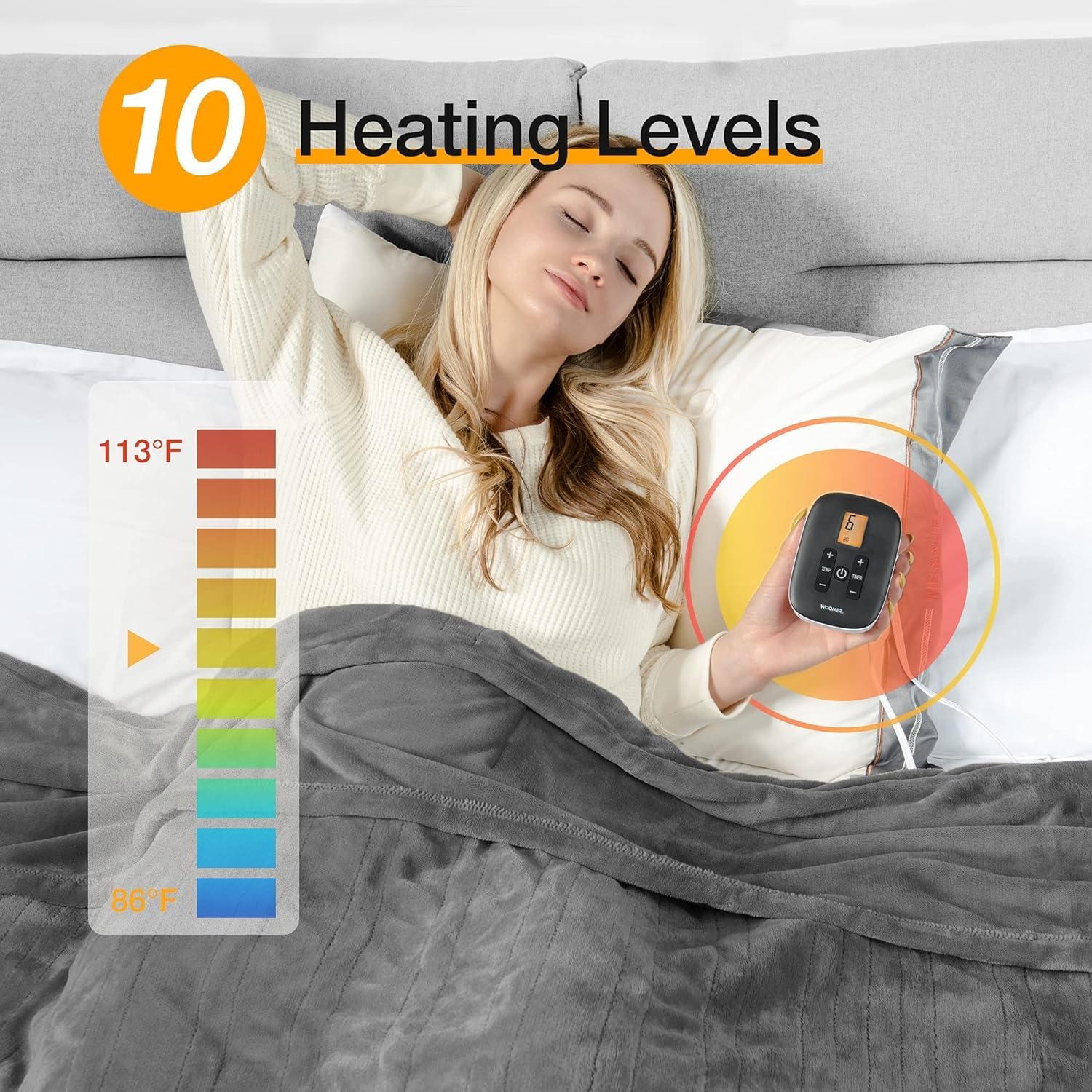 WOOMER Heated Throw Blanket Twin Size 62x84 10 Heat Levels