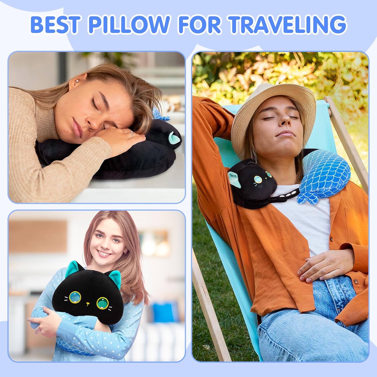 Caaaat 2-in-1 Reversible Travel Pillow with Cute Cat Plush Design