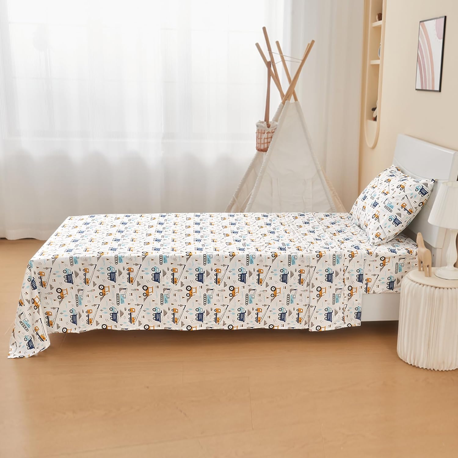 Kids Twin Sheet Set 3 Pcs Blue Excavator Car Pattern