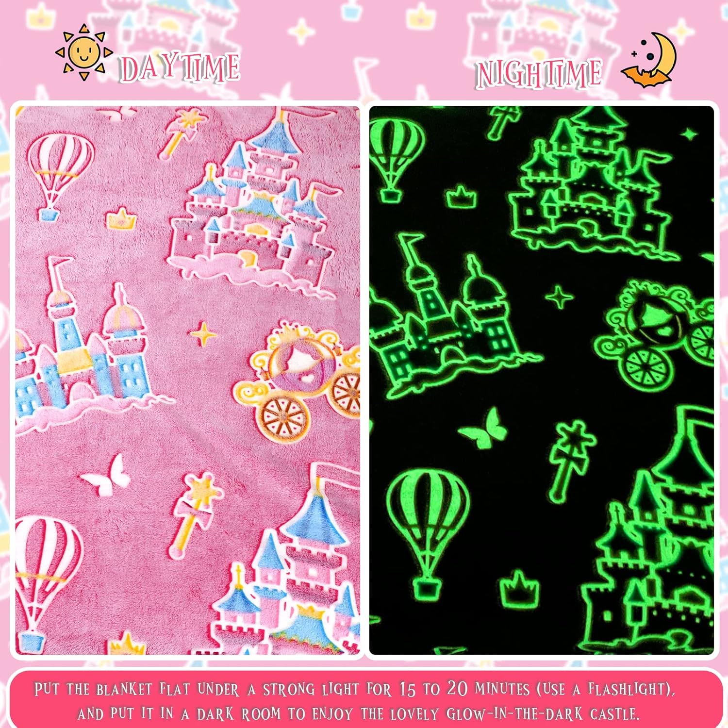 Princess Blanket for Girls - Glow in The Dark Pink Throw