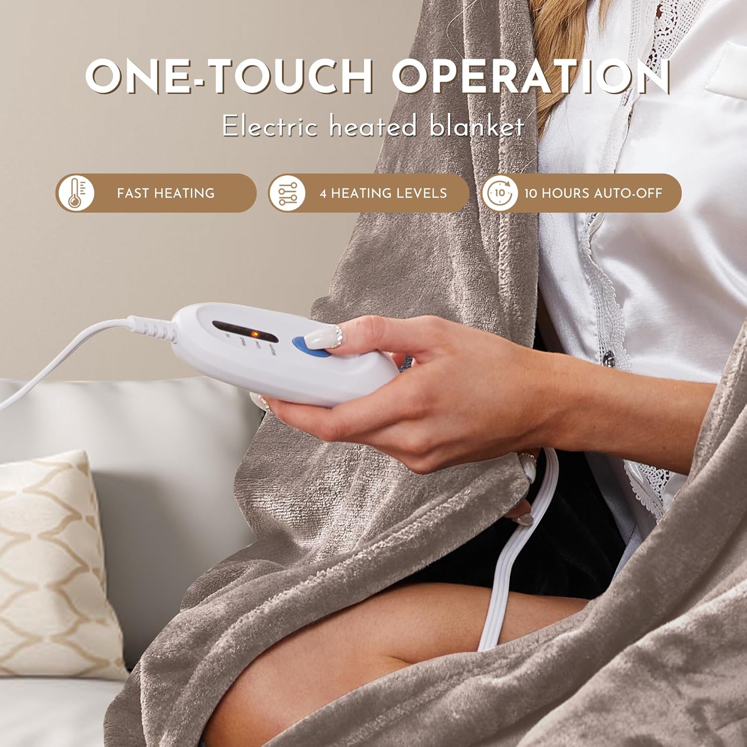 ONDAN Electric Blanket Flannel Weighted 72 x 84 Beige