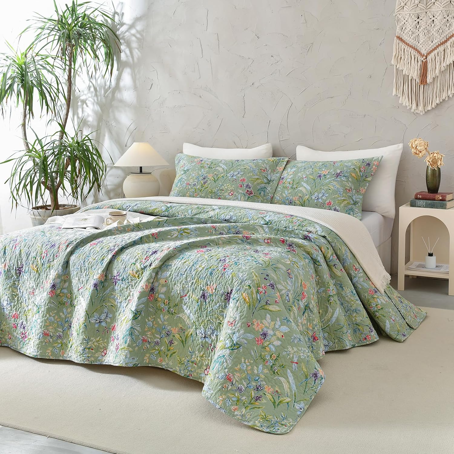 Sanracie Floral Quilt Set - 3pcs Cotton King Size