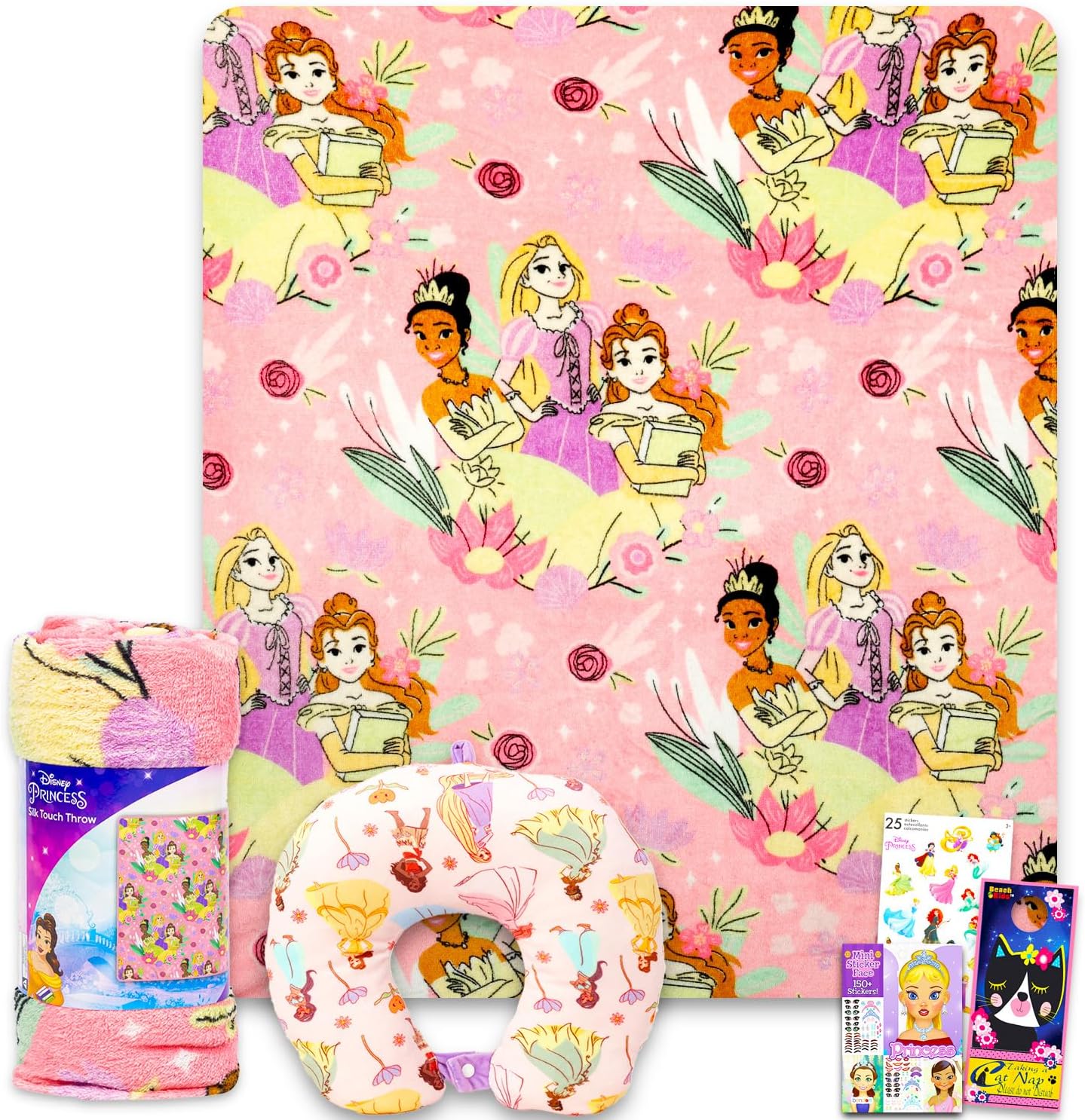 Disney Princess Travel Blanket Pillow Set - 40x50 Throw Neck Pillow Stickers More