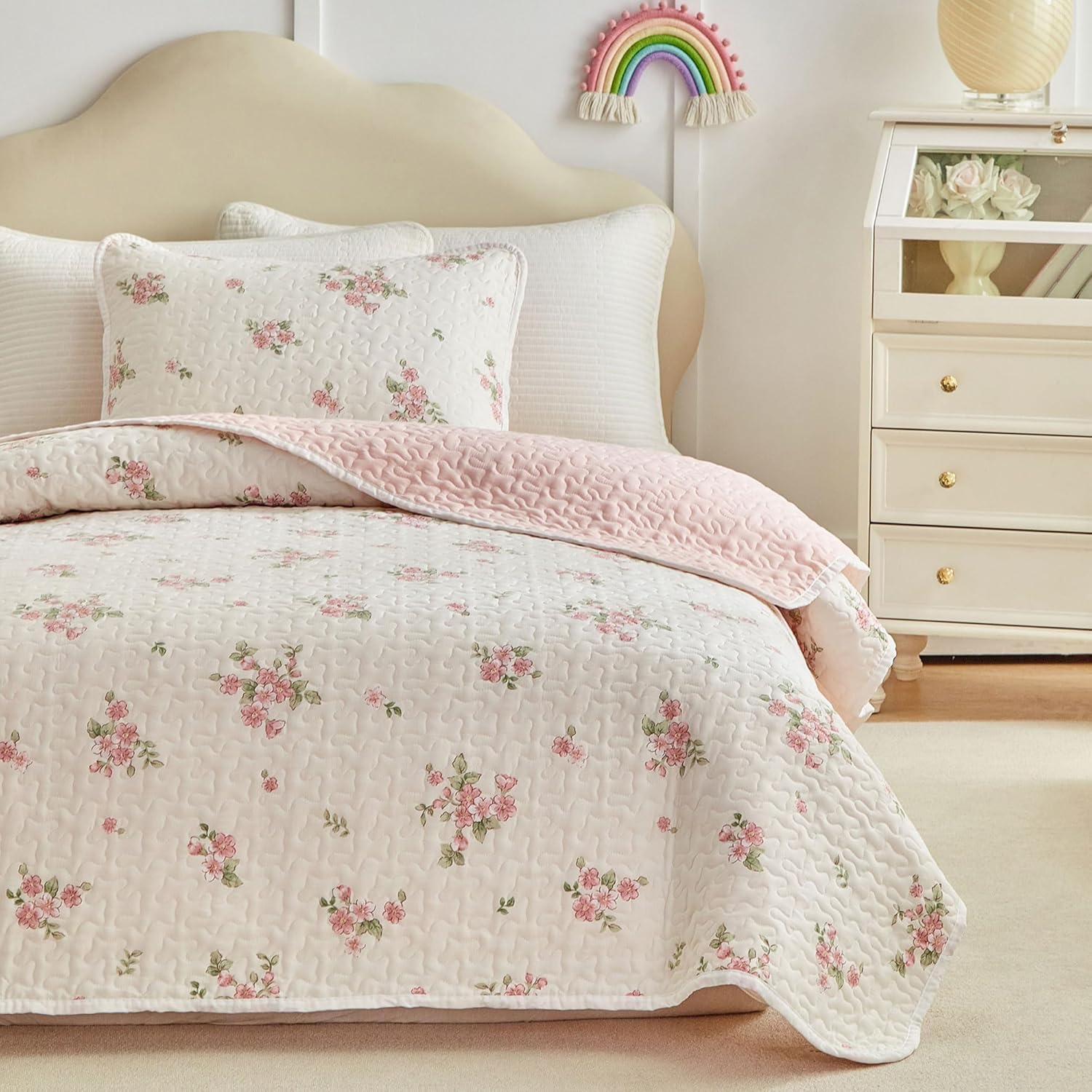Joyreap Twin Quilt Set Floral Pink n White