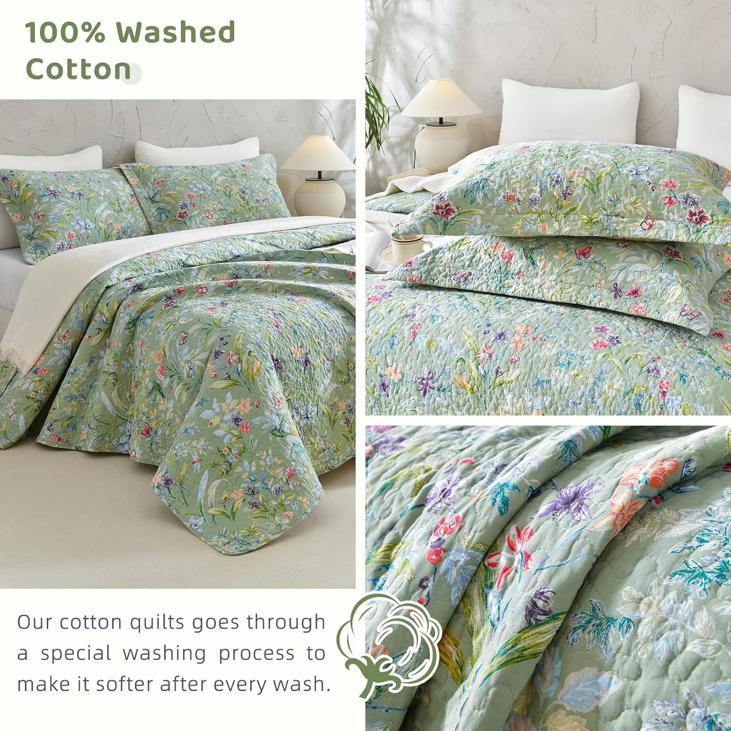 Sanracie Floral Quilt Set - 3pcs Cotton King Size