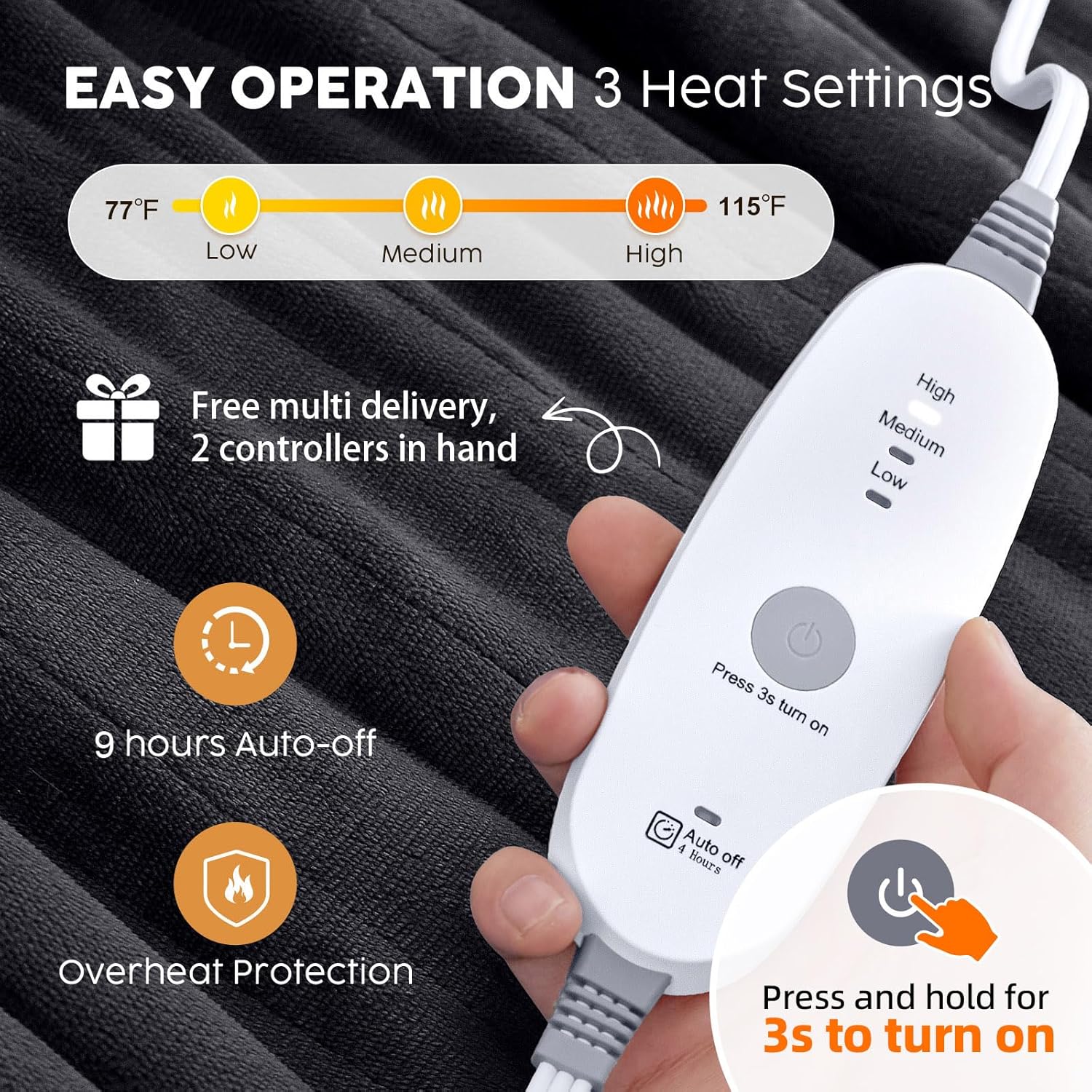 Hyleory Heated Throw Blanket with Timer and 3 Levels Dark Grey
