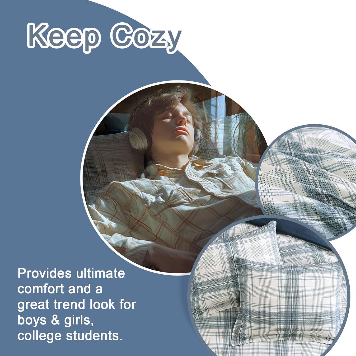 Blue Grey Plaid Twin XL Comforter Set Bed in a Bag
