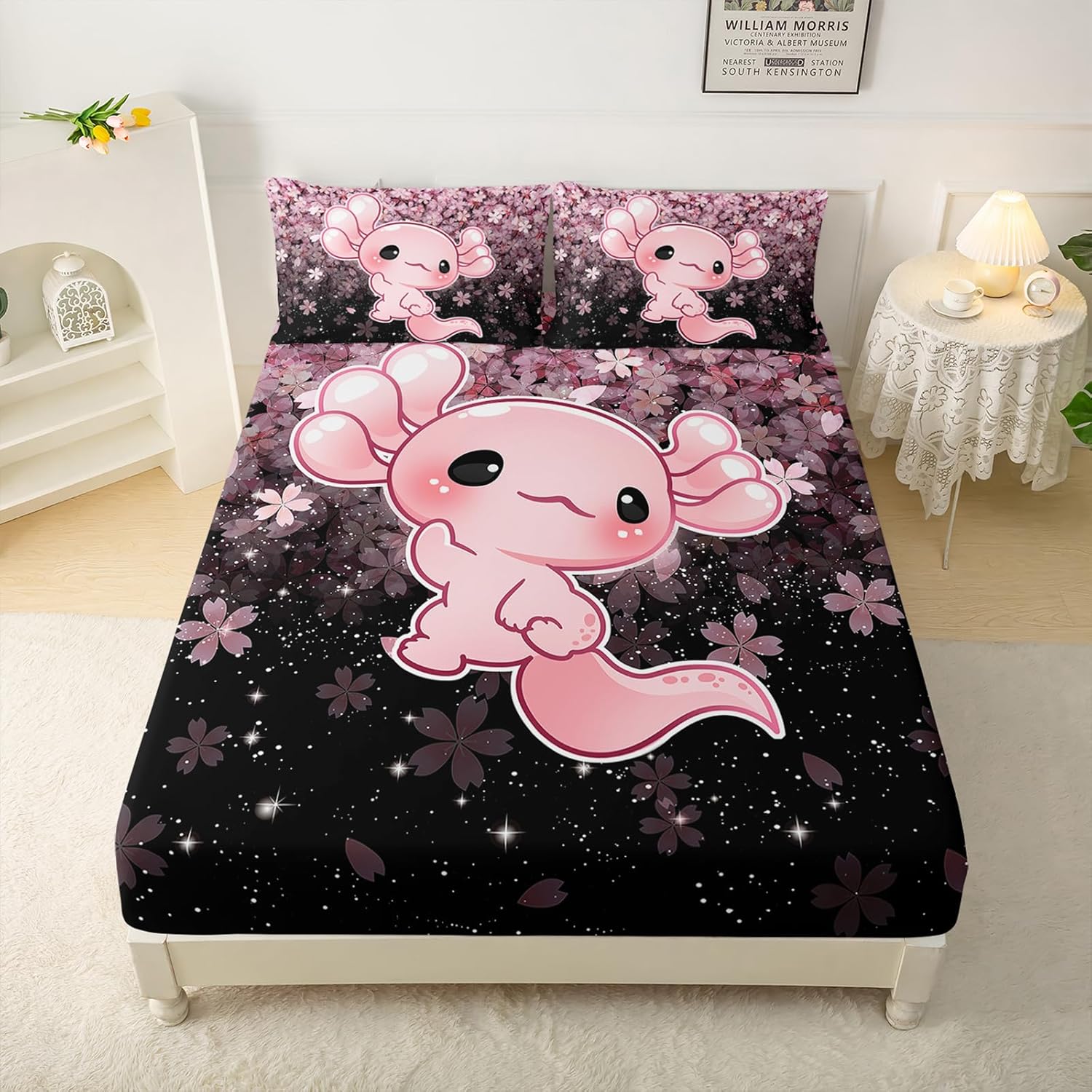 QOOMO Kawaii Axolotl Bedding Set Pink Cherry Blossom