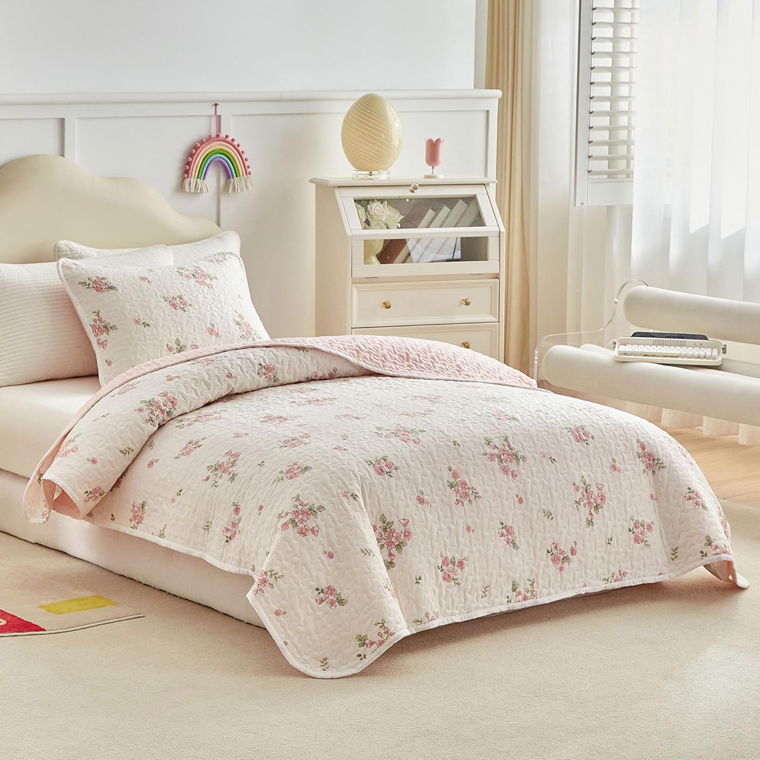 Joyreap Twin Quilt Set Floral Pink n White