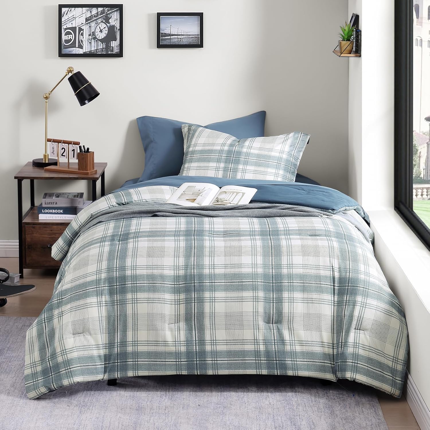 Blue Grey Plaid Twin XL Comforter Set Bed in a Bag