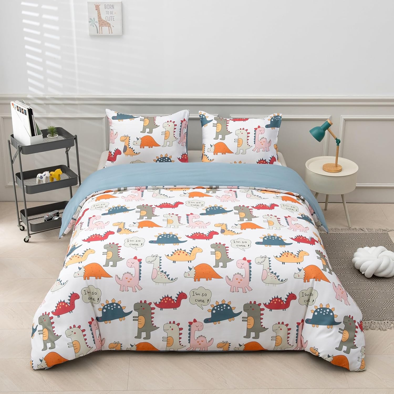 JYhoney Dinosaur Duvet Cover Set Queen 3pcs Reversible Blue Bedding