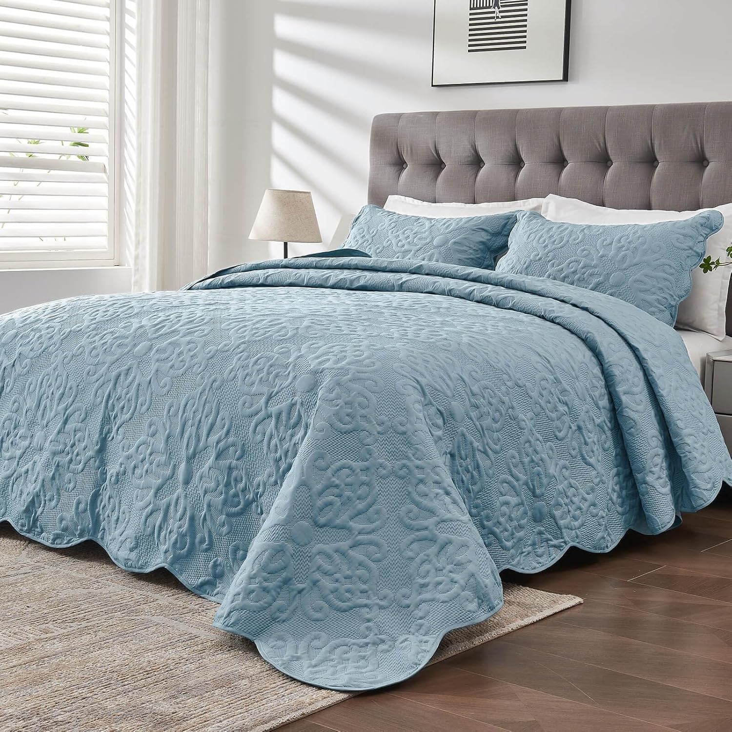 Kingnex King Size Bedspread Soft Lightweight Quilted Set 3 Pieces Blue