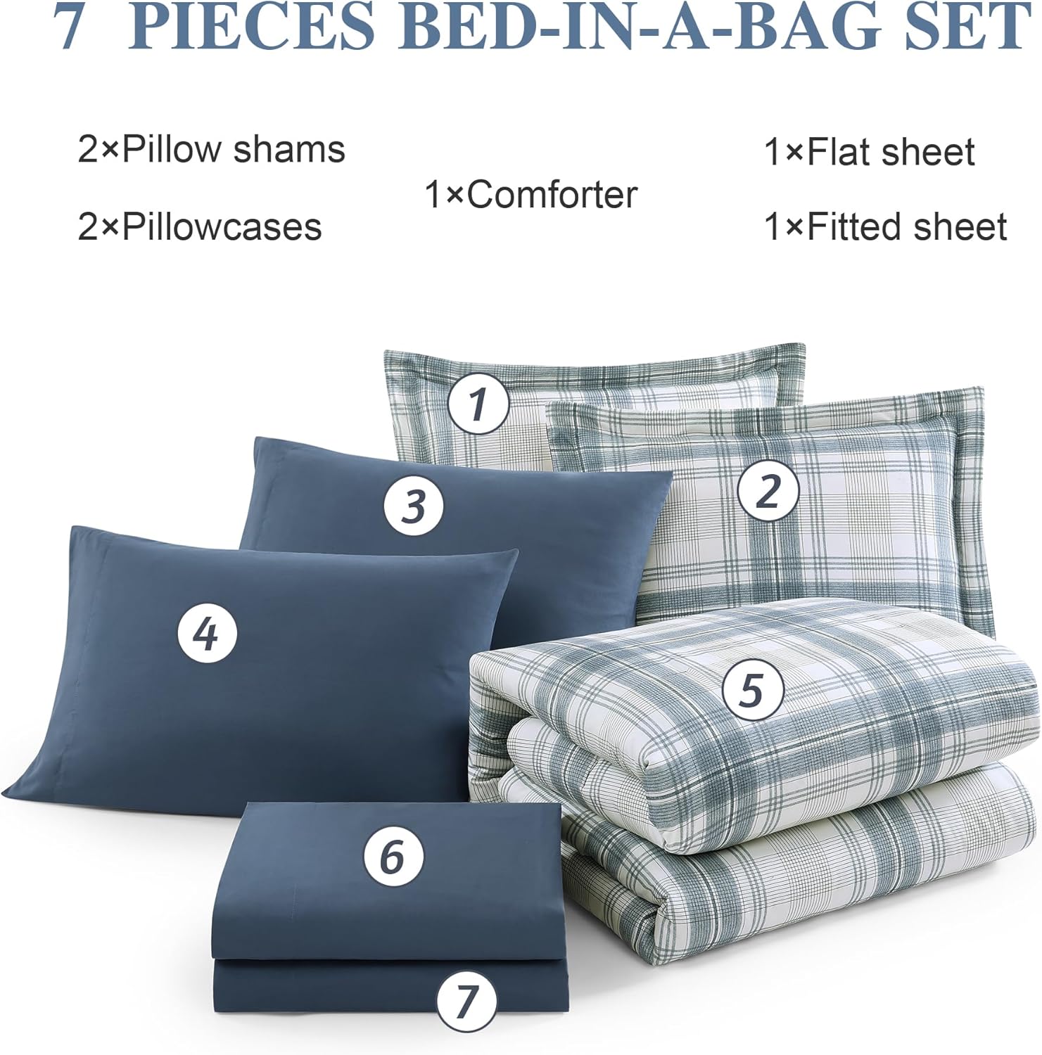 Blue Grey Plaid Comforter Set for Boys Girls Teen