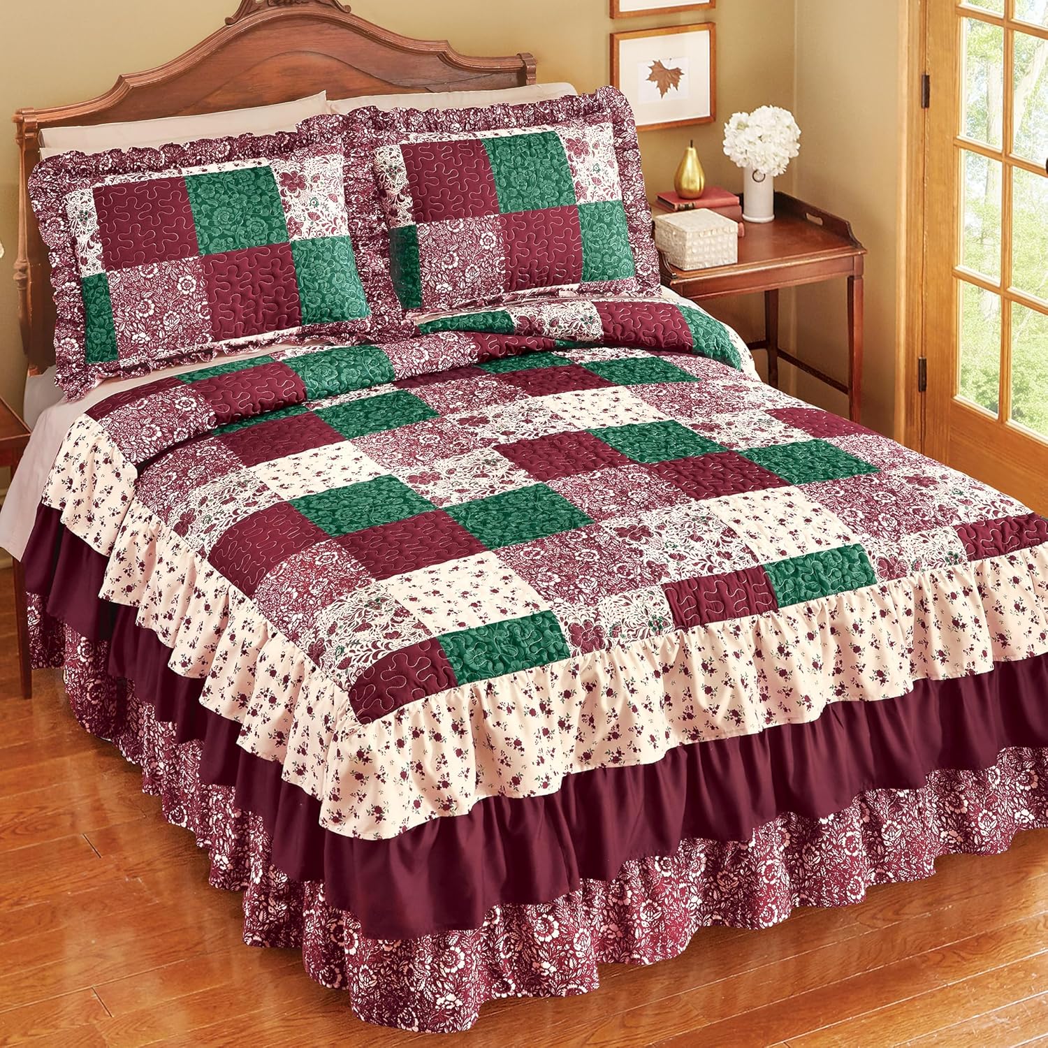 Collections Etc Patchwork Triple Ruffle Bedspread Burgundy Green Beige