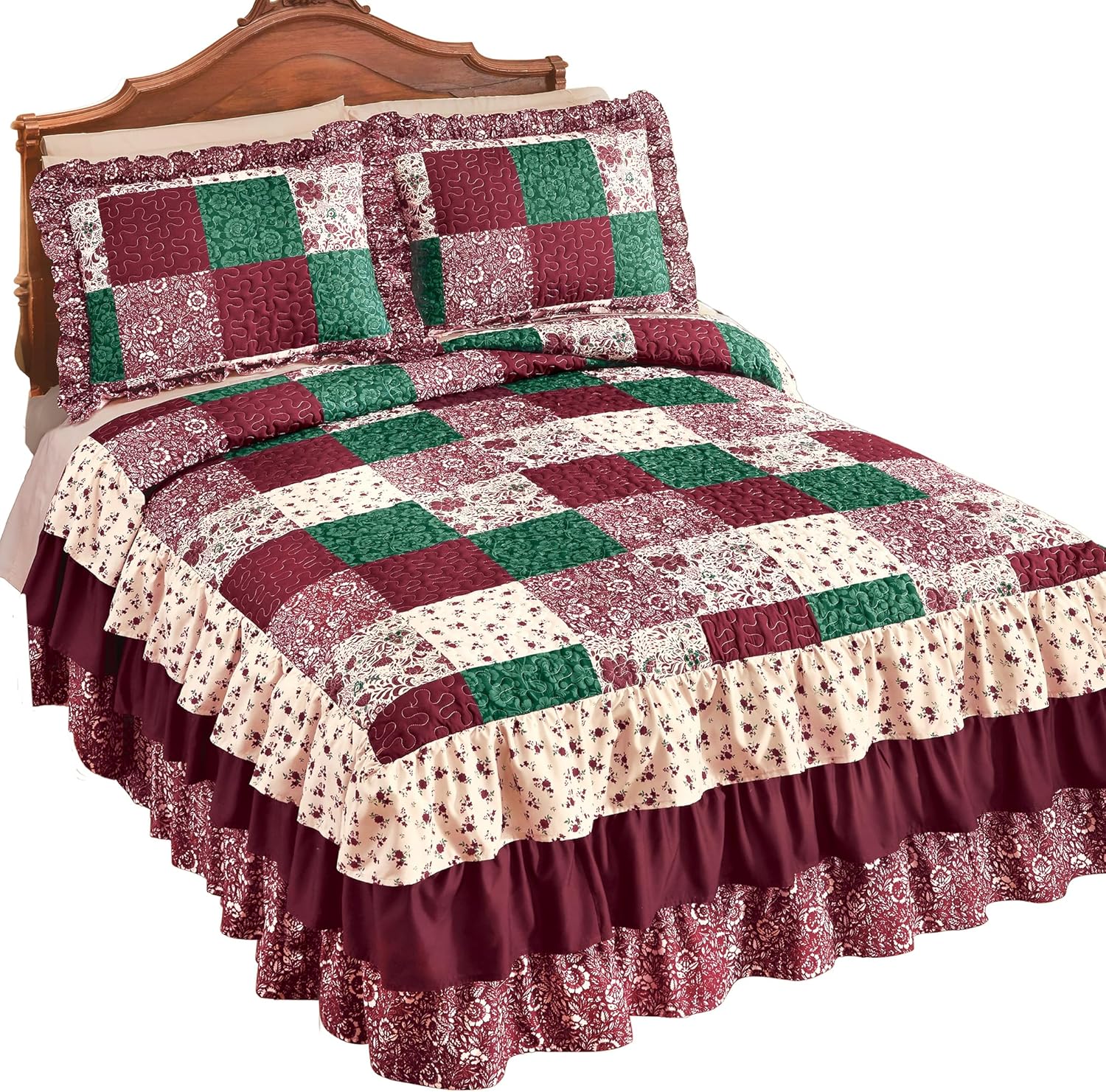Collections Etc Patchwork Triple Ruffle Bedspread Burgundy Green Beige
