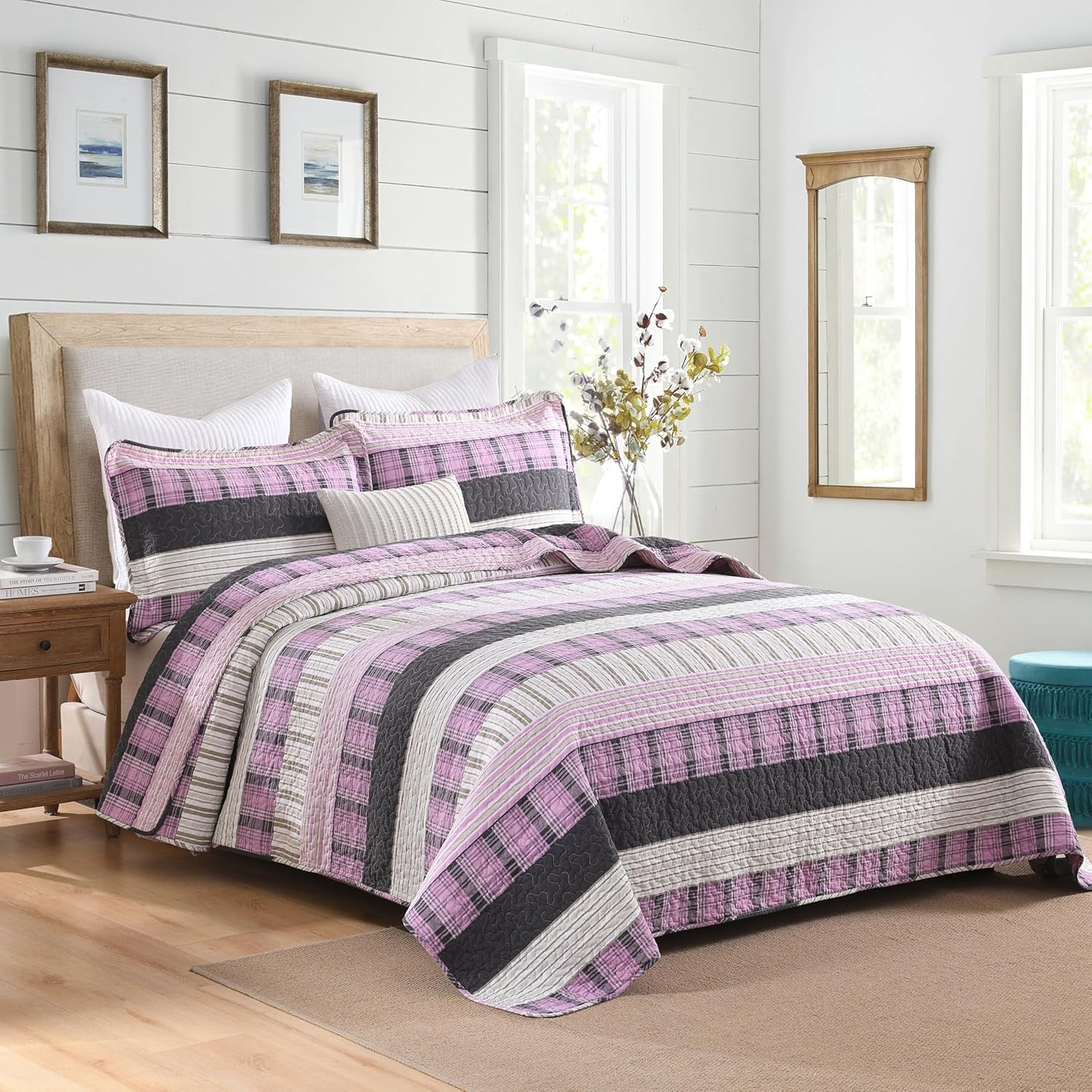 Homzard Cotton King Size Quilt Set with Plaid Striped Bedspread 1
