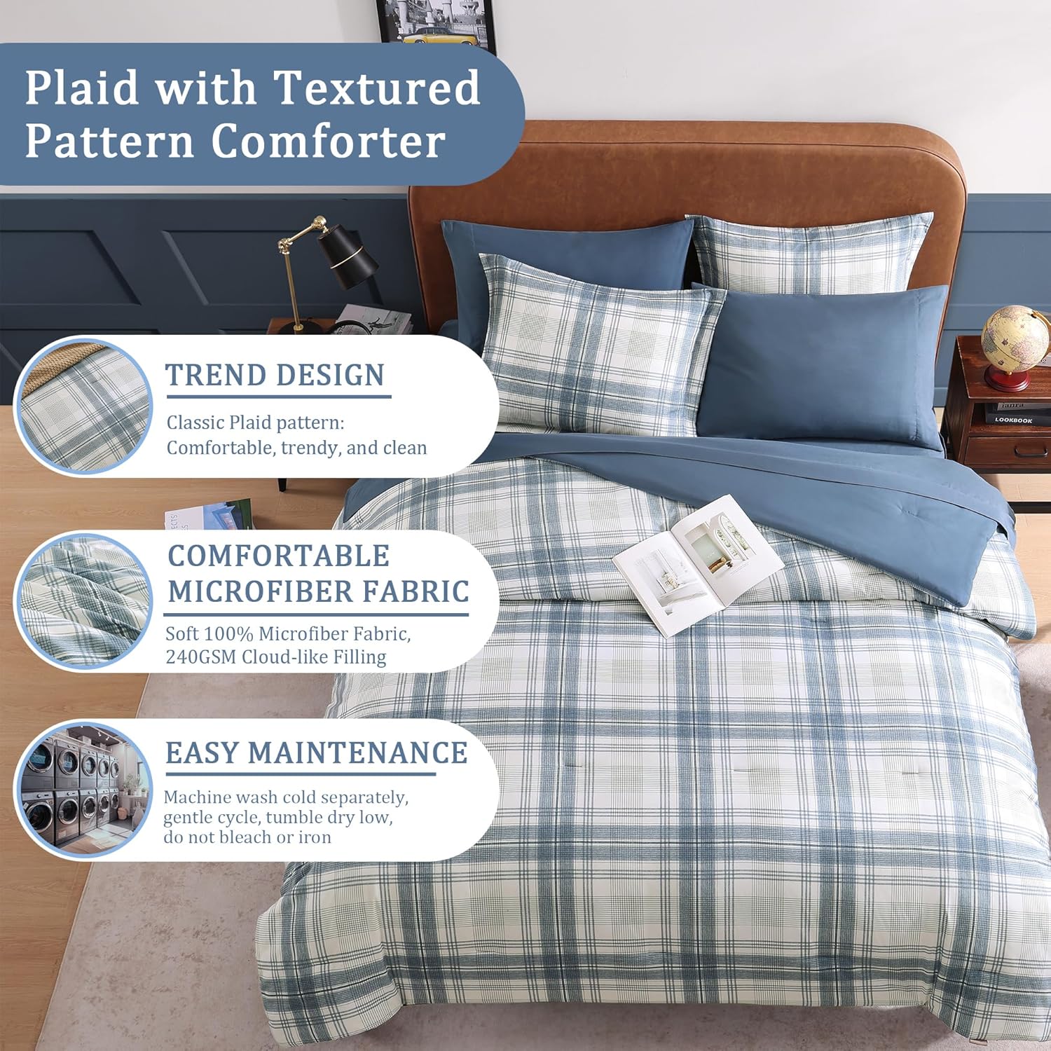 Blue Grey Plaid Comforter Set for Boys Girls Teen