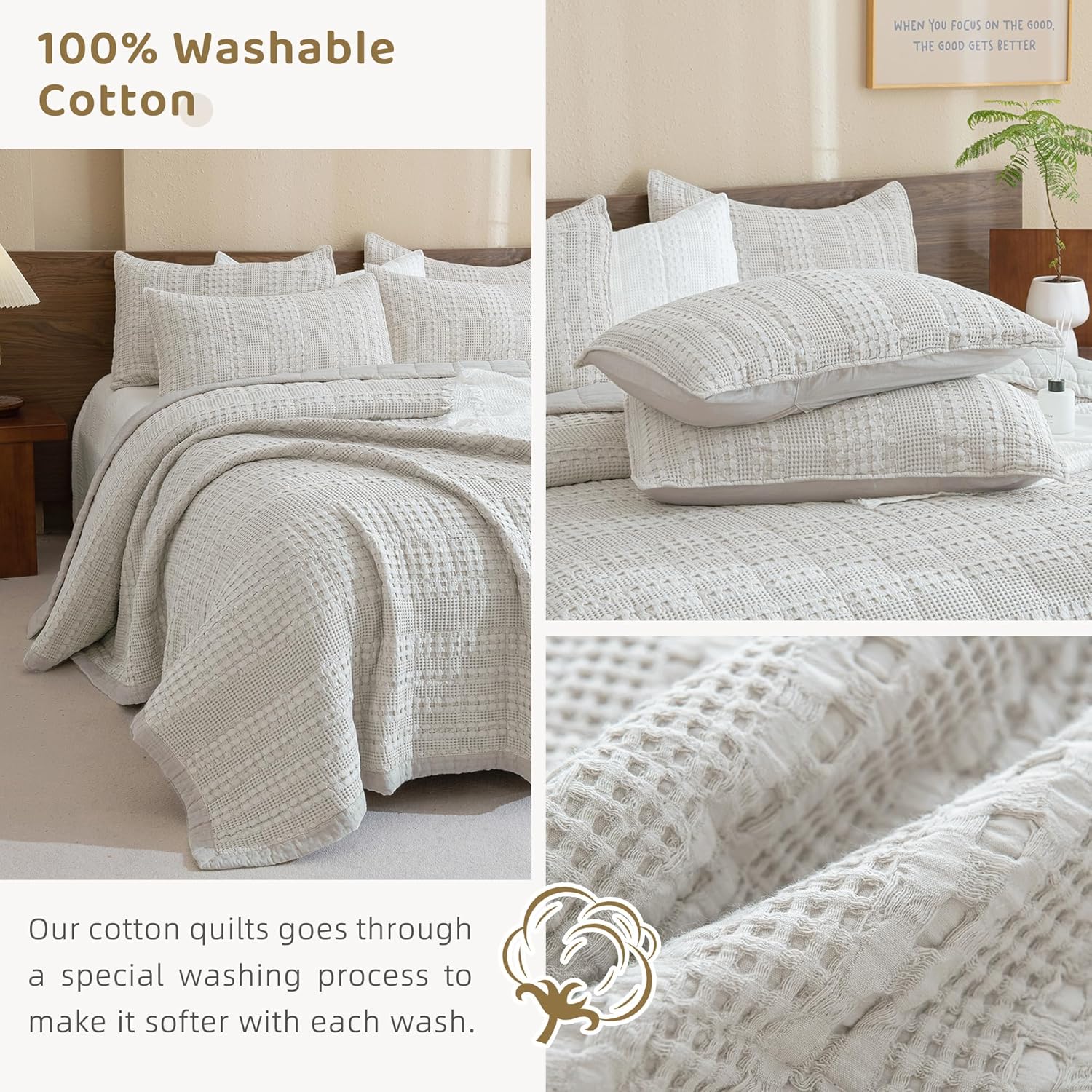 Sanracie 100 Cotton Oversized Queen Bedspread Set Khaki Waffle Weave 1