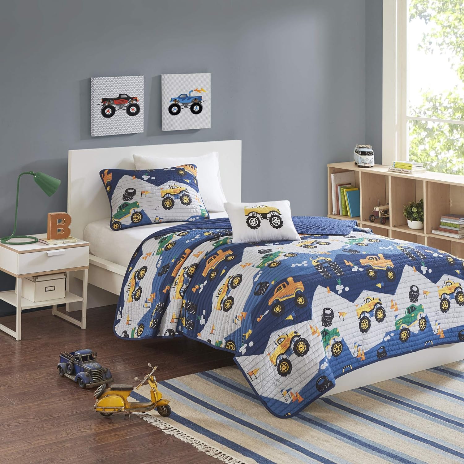 Mi Zone Kids Reversible Quilt Set with Big Wheel Monster Trucks Design