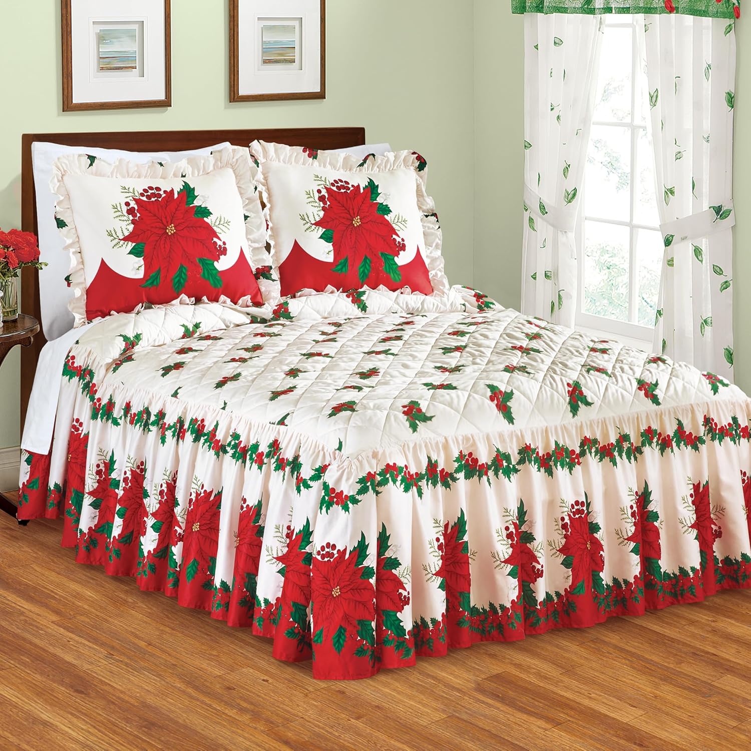 Collections Etc Christmas Bouquet Ruffle Skirt Bedspread 1