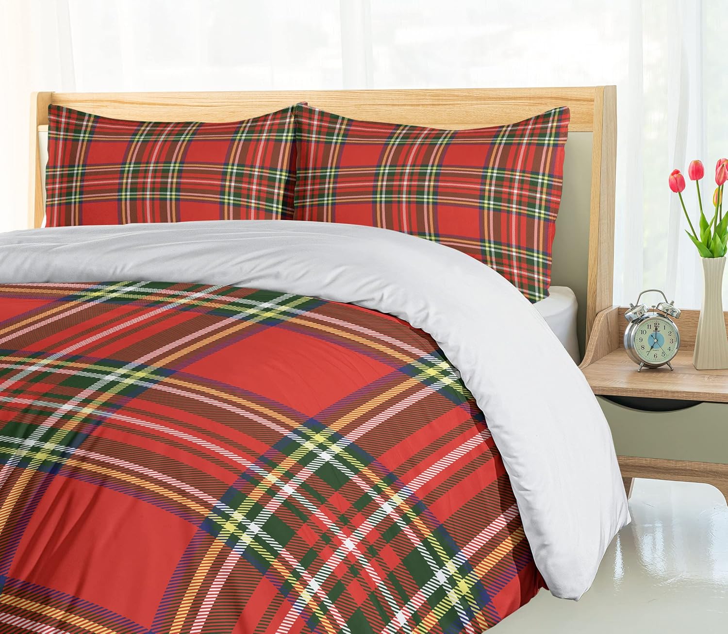 Ambesonne Plaid Duvet Cover Set King Size - Vermilion Orange and Green