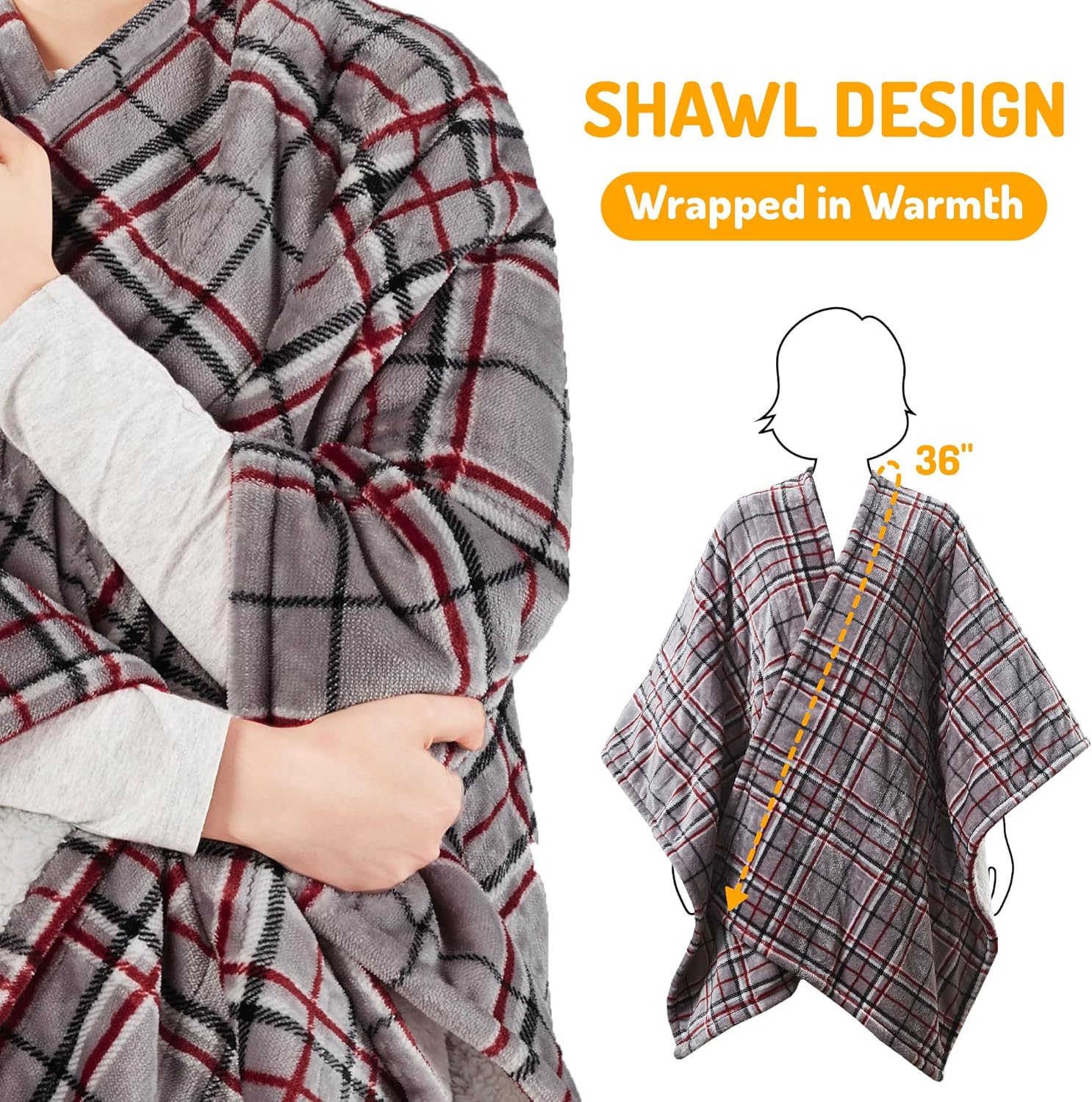 Degrees of Comfort Heated Sherpa Wrap Shawl - Reversible Grey Plaid