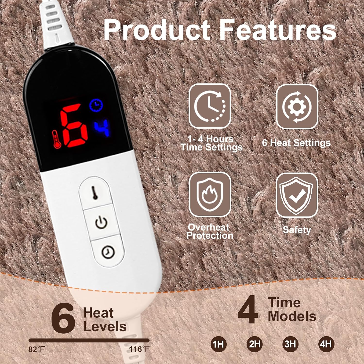 AEPINBH Heated Blanket - 6 Levels 4 Hours Auto Off Brown
