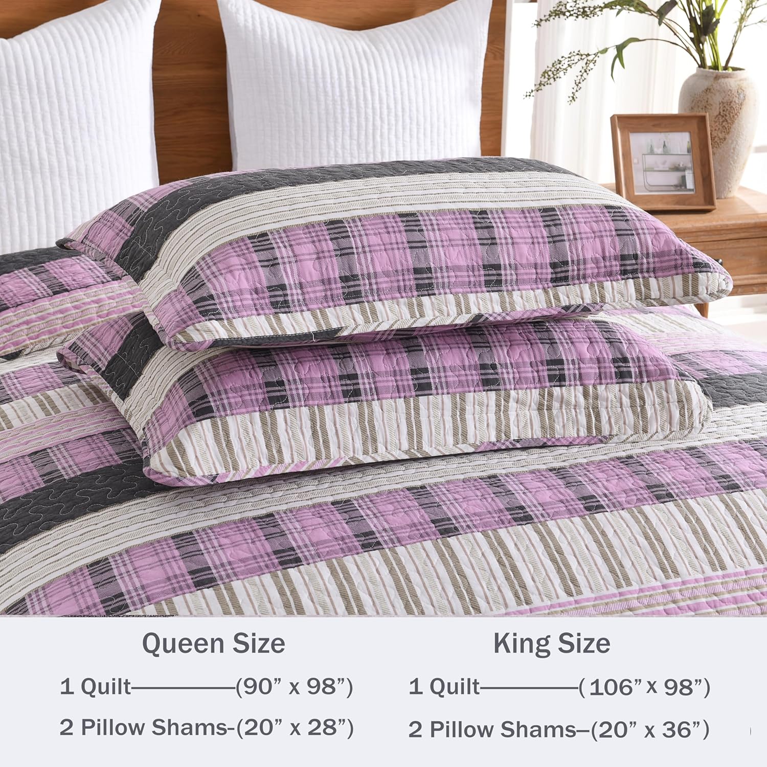 Homzard Cotton King Size Quilt Set with Plaid Striped Bedspread 1