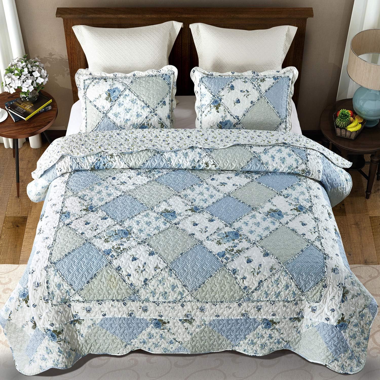 VIVILINEN Blue Floral Patchwork Quilt Set 1