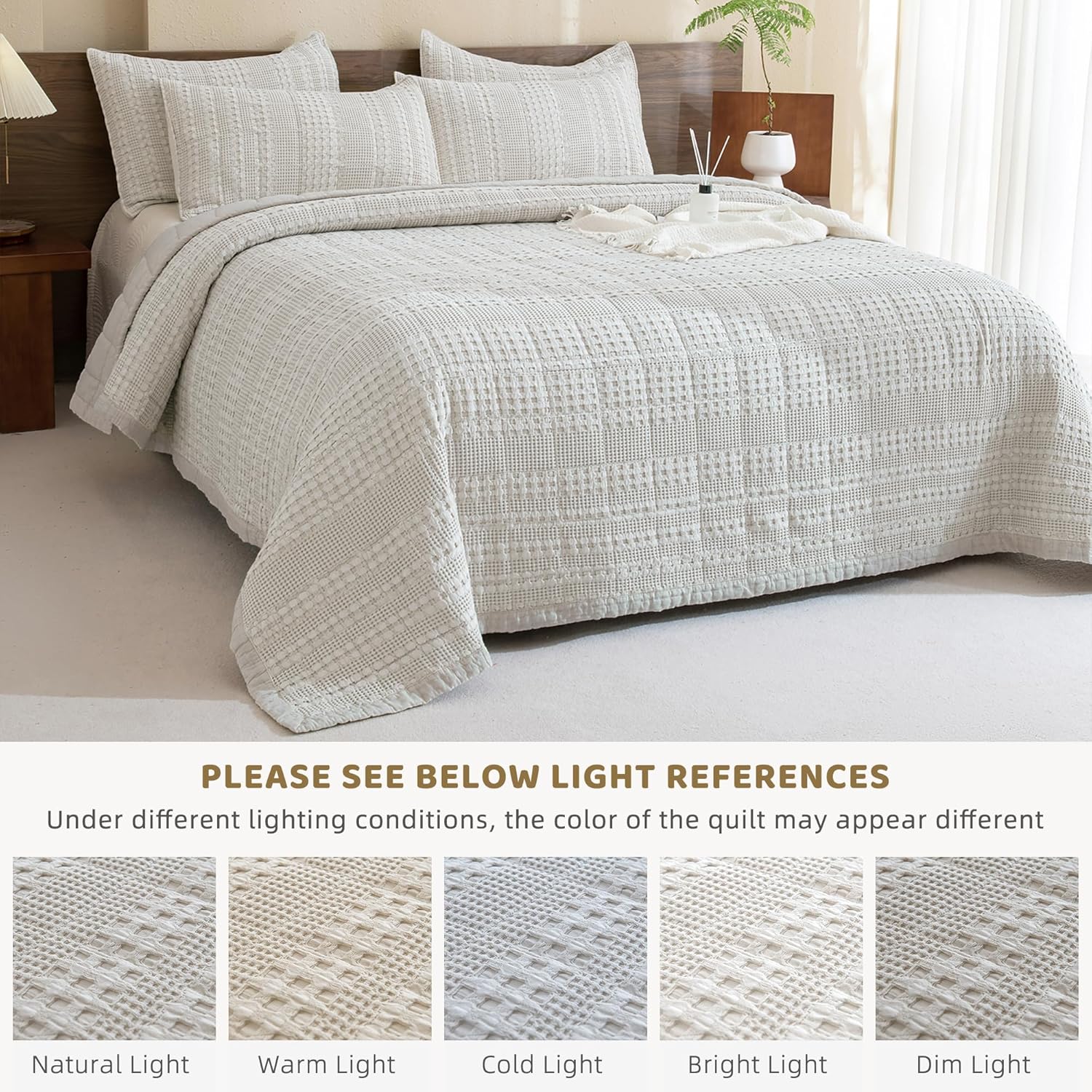 Sanracie 100 Cotton Oversized Queen Bedspread Set Khaki Waffle Weave 1