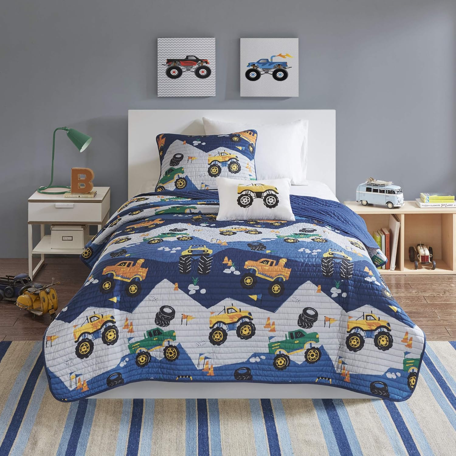 Mi Zone Kids Reversible Quilt Set with Big Wheel Monster Trucks Design