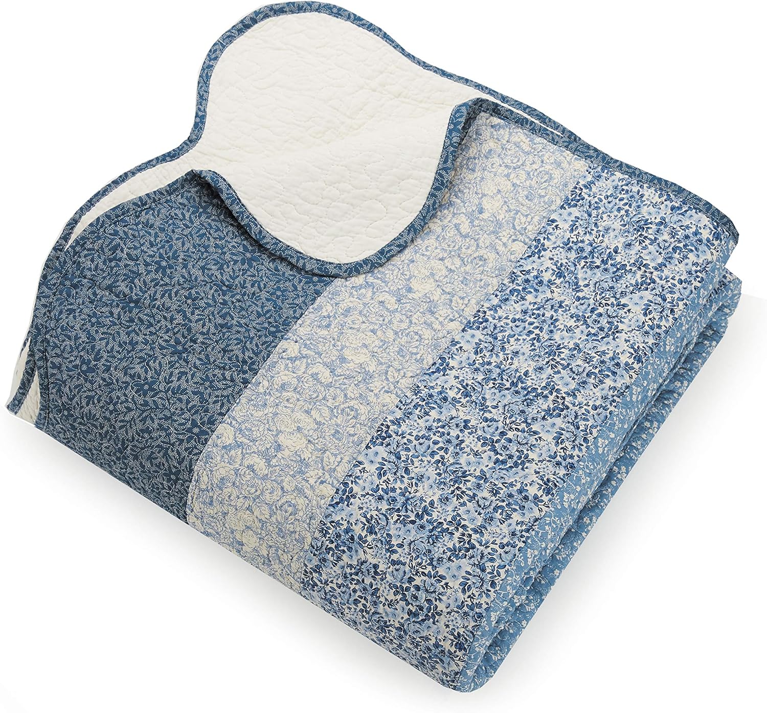 Blue Floral Embroidered Quilted Bedspread - Full Size 96x110