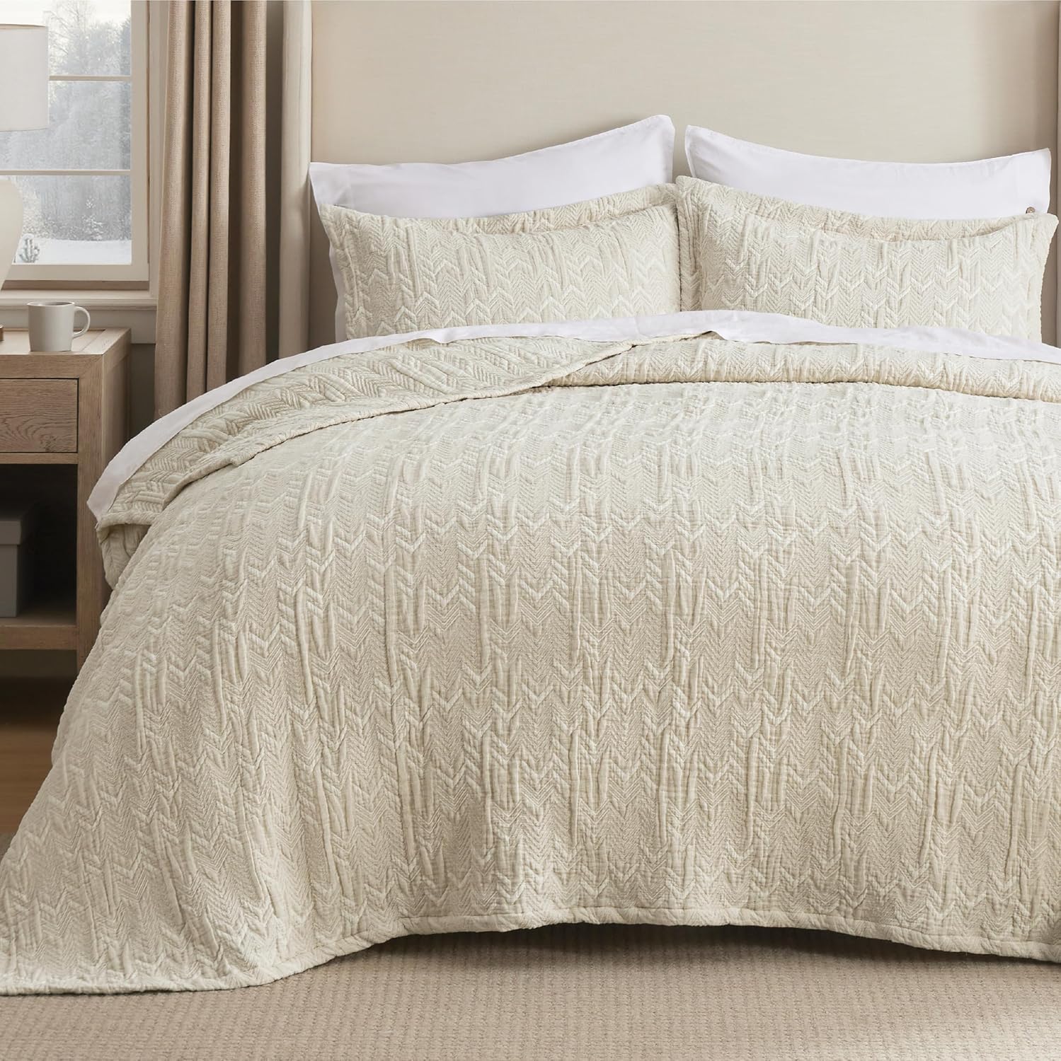 Bedsure Cotton Linen Queen Quilt Set - Lightweight Reversible 90x96