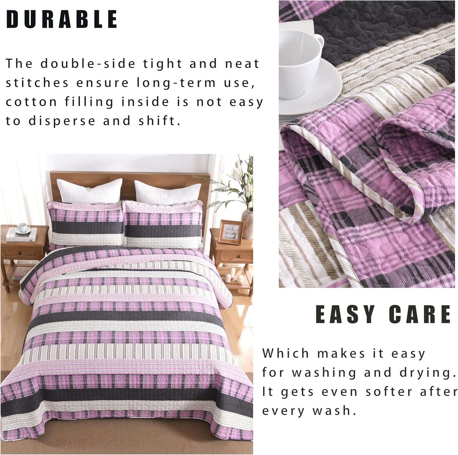 Homzard Cotton King Size Quilt Set with Plaid Striped Bedspread 1
