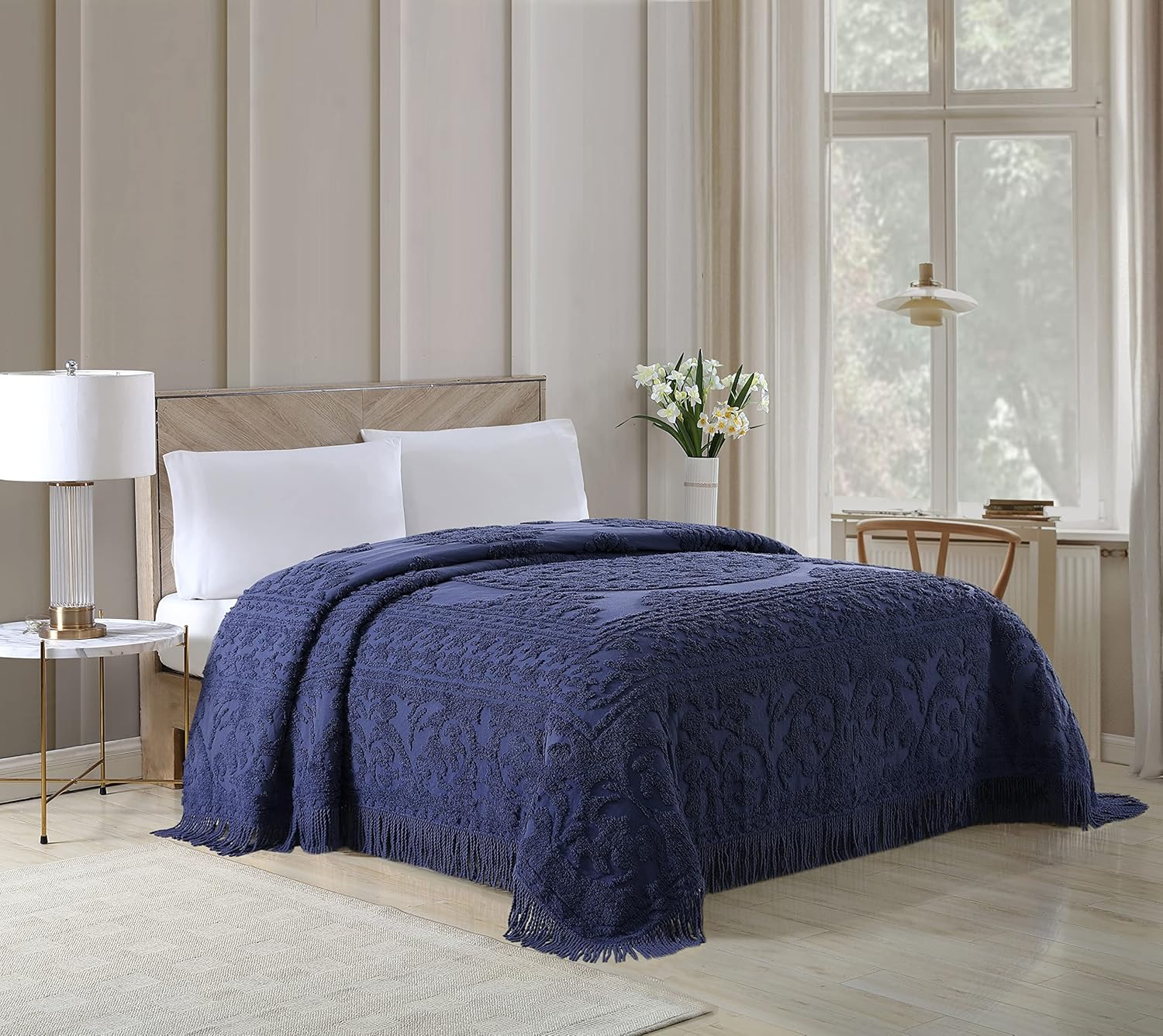Beatrice Home Fashions Medallion Chenille Bedspread Queen Navy