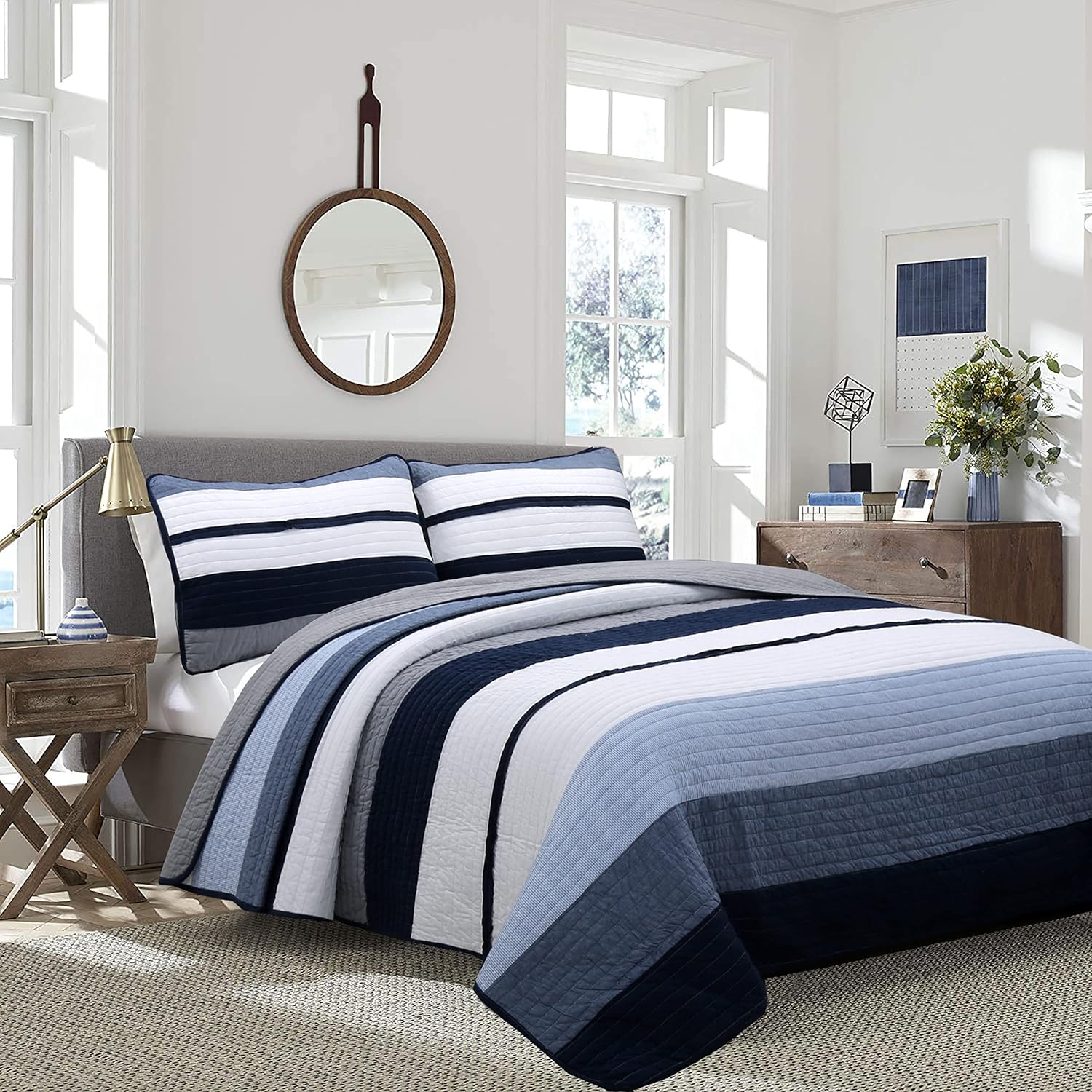Cozy Line Tranquil Blue Gray Striped Reversible Quilt Set Twin 2 Piece