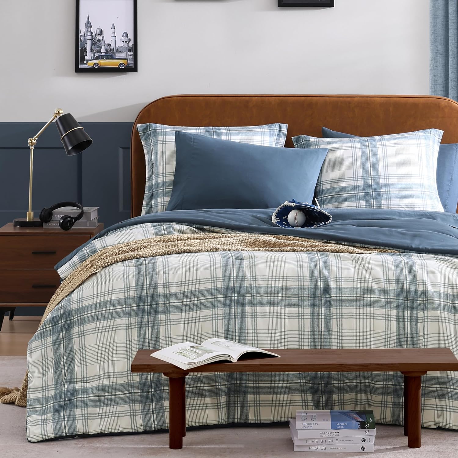 Blue Grey Plaid Comforter Set for Boys Girls Teen