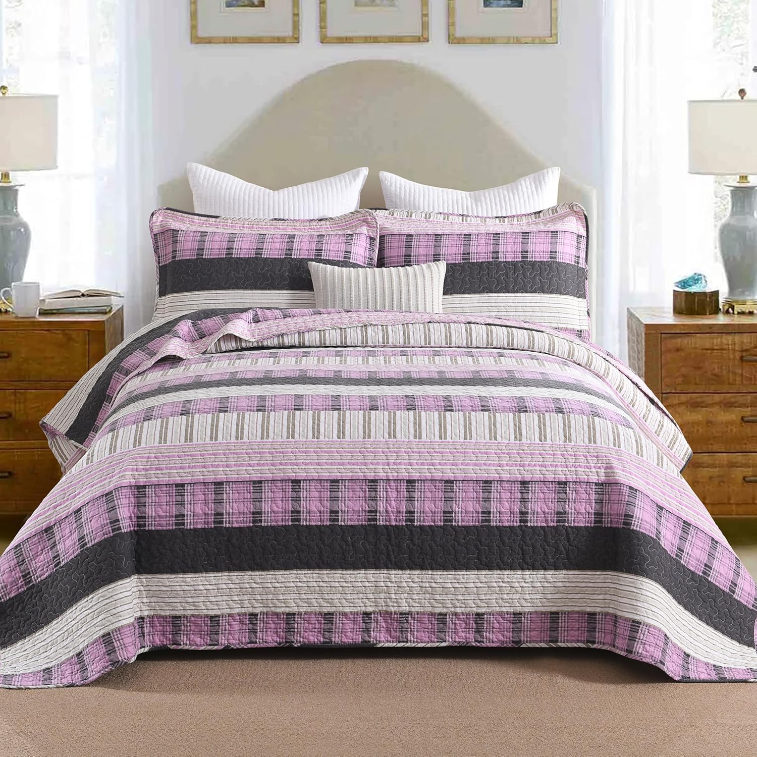 Homzard Cotton King Size Quilt Set with Plaid Striped Bedspread 1