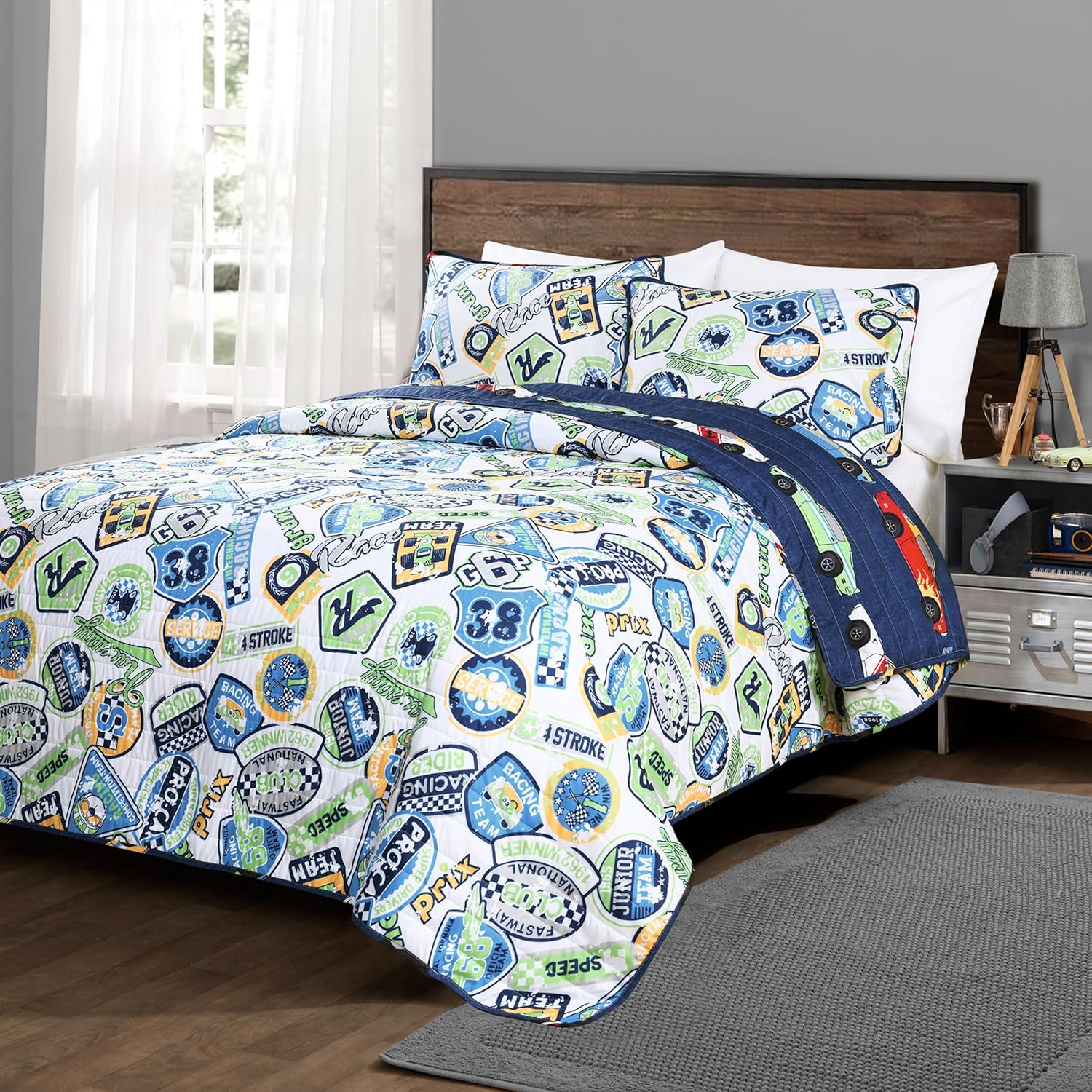 Lush Decor Race Car Kids Quilt Bed Set Navy Twin