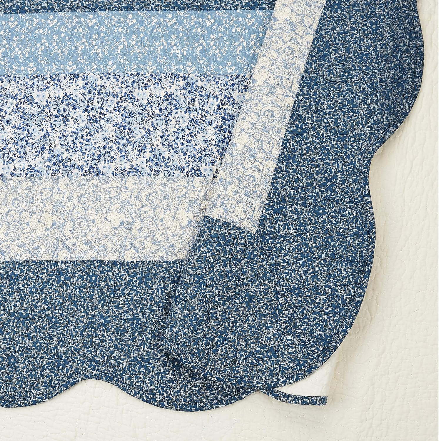 Blue Floral Embroidered Quilted Bedspread - Full Size 96x110