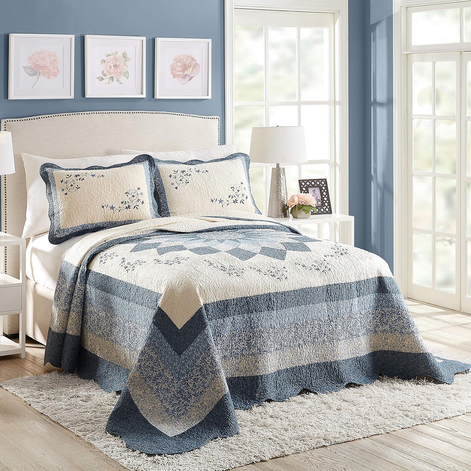 Blue Floral Embroidered Quilted Bedspread - Full Size 96x110