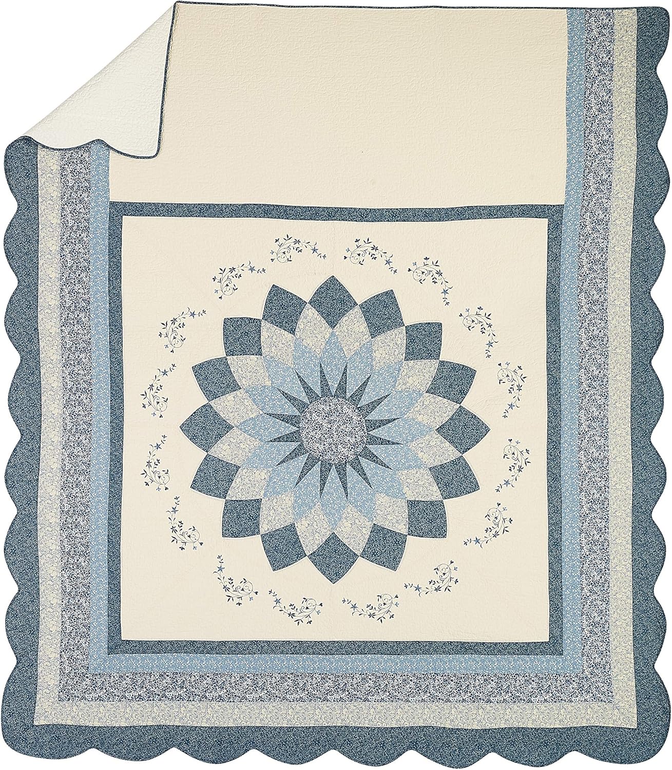 Blue Floral Embroidered Quilted Bedspread - Full Size 96x110
