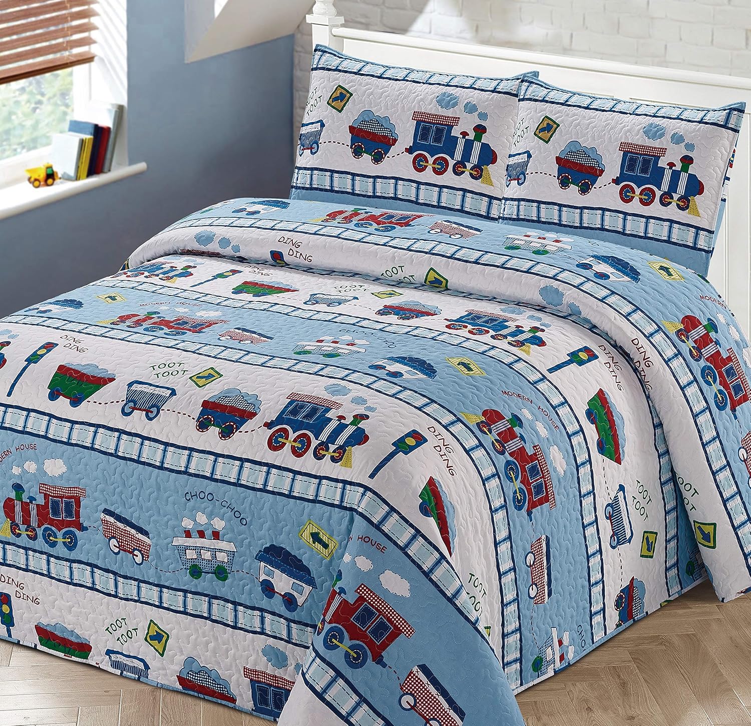 Kids Zone Home Linen Twin Bedspread Set Train Theme