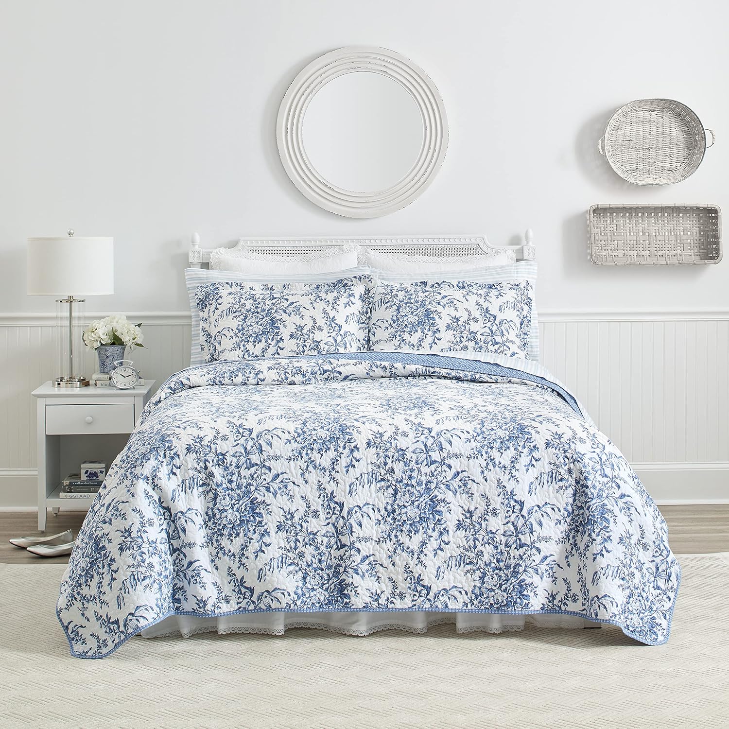 Laura Ashley Reversible Queen Quilt Set with Bedskirt and Shams
